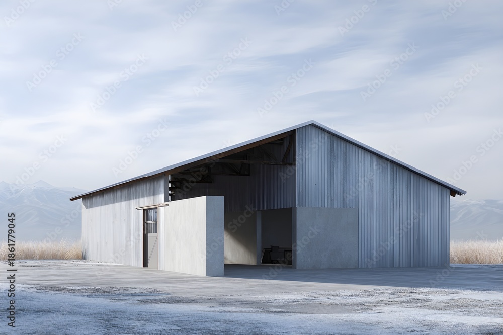 Fototapeta premium Steel barn interior with slippery concrete floor industrial agricultural architecture texture functional rural environment