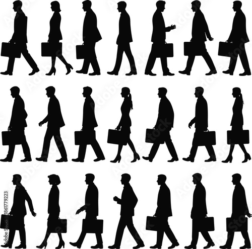 Business people walking silhouettes men women carrying briefcases professional office commute isolated on white background vector illustration set