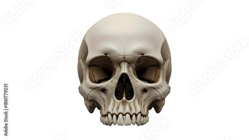 Human skull viewed from the front against a white background