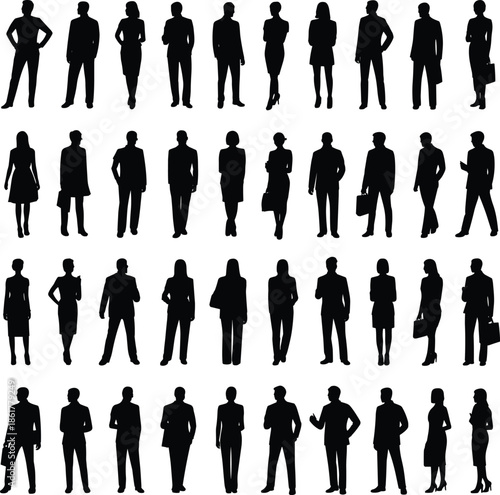 Business people silhouettes standing set, professional men women collection, corporate workforce poses, black isolated vector illustration on white background