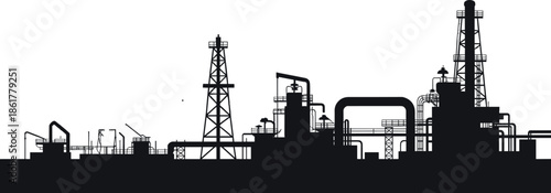 Oil refinery industrial plant silhouette with pipelines and towers, petroleum production factory scene, energy industry illustration, refinery infrastructure design