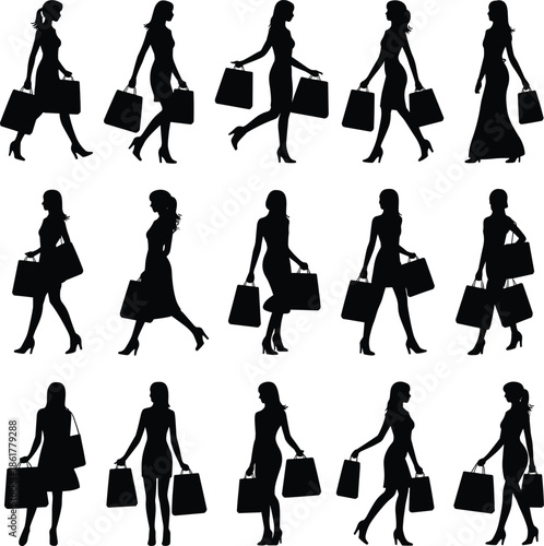 Fashionable women shopping silhouettes set with elegant female shoppers carrying bags isolated on white background vector illustration, for retail marketing