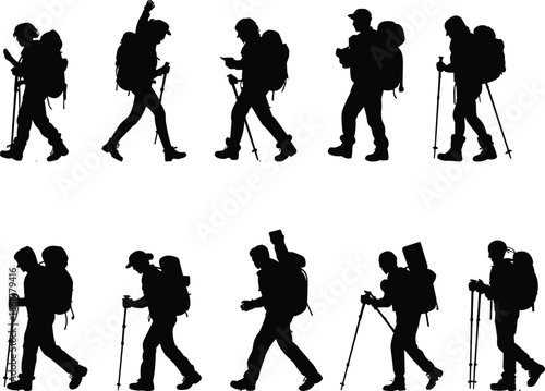Hiking people silhouettes with backpacks and trekking poles, outdoor adventure travelers walking, mountain expedition concept, wilderness exploration illustration design
