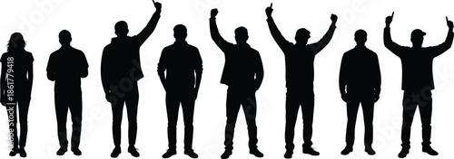 Silhouette group of people standing together, men and women raising hands, team unity concept, crowd illustration, modern lifestyle design