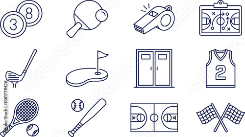 Sports and Recreation Line Icon Set Featuring Tennis Racket, Basketball Jersey, Golf Club, Baseball Bat, Whistle, Scoreboard, and Tactics Clipboard