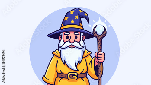 A cartoon wizard with a long white beard and a pointed hat holding a magical staff.
