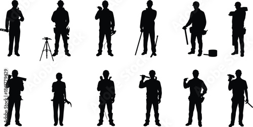 Silhouette, construction, workers, with, tools, builders, contractors, engineering, labor, people, industrial, job, handyman, repair, maintenance, work, industry, tradesman, occupation, concept