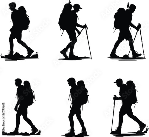 Silhouette hikers trekking with backpacks and poles, outdoor adventure walking people, camping travel exploration, mountain hiking explorers collection, vector illustration design