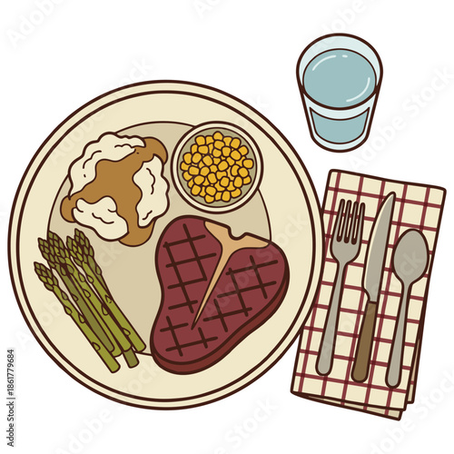T-Bone Steak Meal with Asparagus Corn and Glass of Water Vector