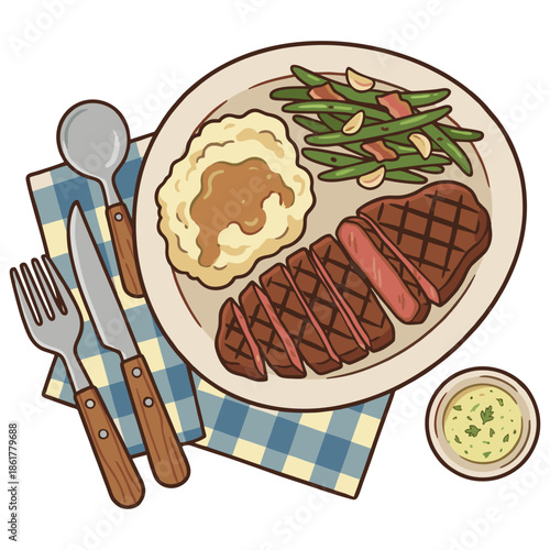 Grilled Beef Steak with Mashed Potatoes and Green Beans on Plate Vector Illustration