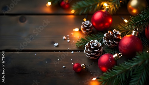 Top View of Christmas Decorations with Red and Gold Ornaments and Pine Cones