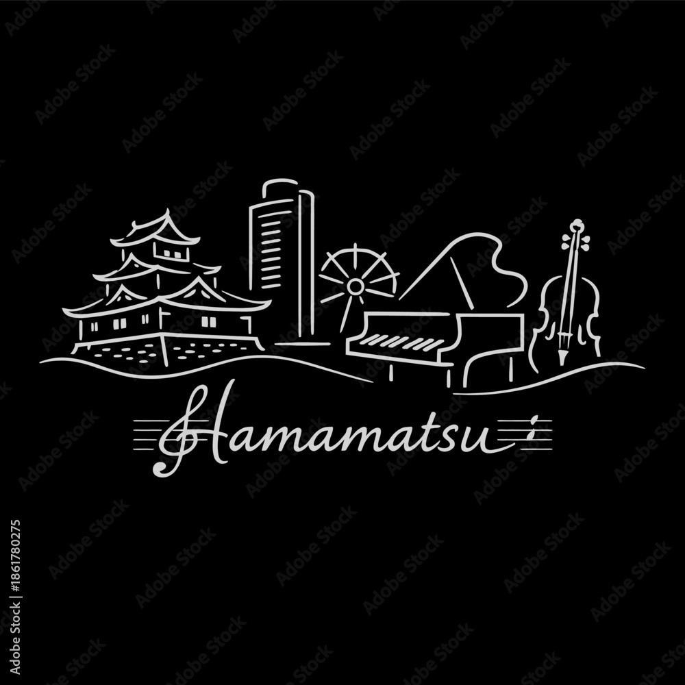 Obraz premium Hamamatsu city skyline with castle and musical instruments vector illustration