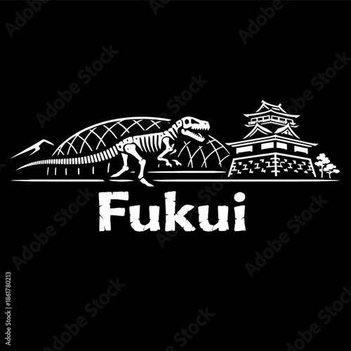 Fukui landmarks with dinosaur skeleton and castle vector illustration