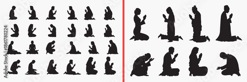 praying people silhouette vector, worship pose black silhouettes, religious prayer illustration set, kneeling prayer silhouette art, spiritual people icon collection, devotion silhouette design, praye