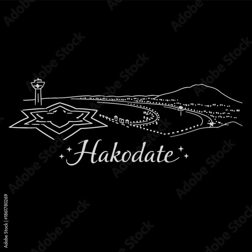 Hakodate city skyline and Goryokaku fort vector illustration