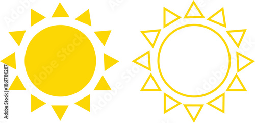 Sun icon set in flat and line style, solar symbol silhouette and outline collection featuring sunshine, sunrise and weather elements, bright minimal vector illustration group