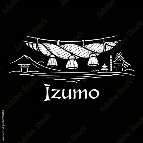Izumo Grand Shrine shimenawa and landscape vector illustration