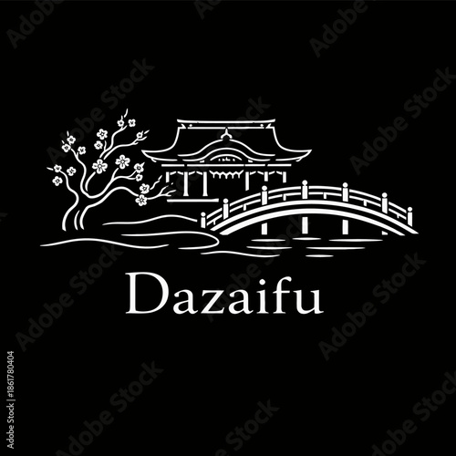 Japanese temple and arched bridge in Dazaifu vector illustration