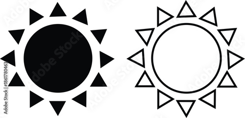 Sun icon set in flat and line style, solar symbol silhouette and outline collection featuring sunshine, sunrise and weather elements, bright minimal vector illustration group