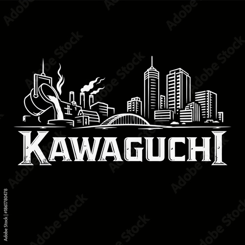 Kawaguchi city skyline and industrial foundry graphic illustration