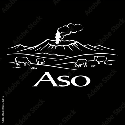 Mount Aso landscape with grazing cows vector illustration