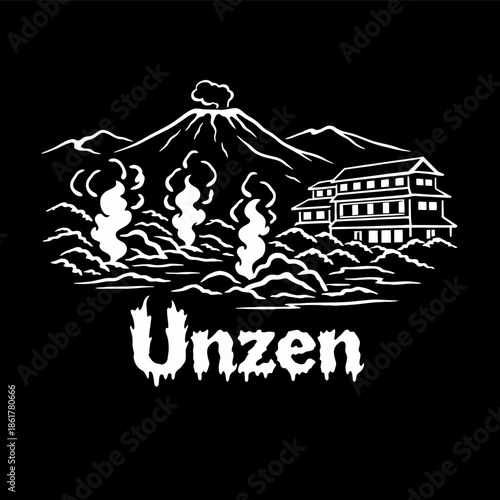 Mount Unzen volcano and hot springs landscape vector illustration
