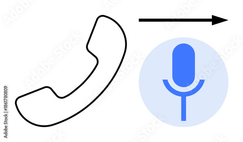 Communication, voicemail, audio recording, telecommunication, customer support, digital services. Phone shape, arrow pointing to microphone icon. Communication and voicemail