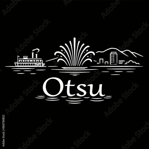 Otsu city landmark skyline with fountain and cruise ship vector