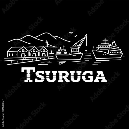 Port of Tsuruga harbor scene line art vector illustration