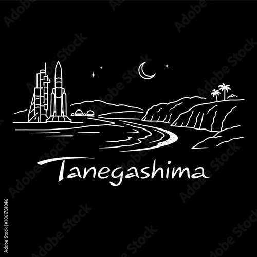 Tanegashima space center rocket launchpad at night vector illustration