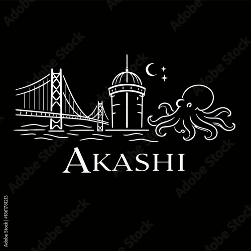 Akashi city landmarks with bridge and octopus line art illustration