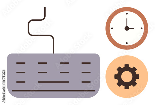 Keyboard, clock, and gear signifying work, efficiency, and task organization. Ideal for time management, productivity, workflow project planning scheduling workplace teamwork. Simple flat