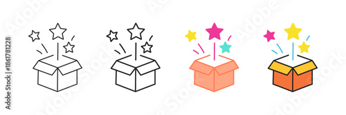 Set of minimalist surprise box icons with transparent background, depicting a gift reveal, celebrating rewards and achievements, symbolizing special offers and magic, vector illustration