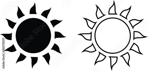 Sun icon set in flat and line style, solar symbol silhouette and outline collection featuring sunshine, sunrise and weather elements, bright minimal vector illustration group