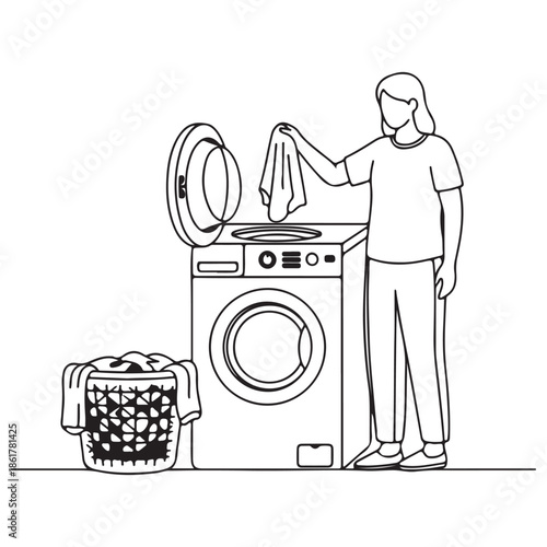 Monochromatic Line Art Illustration of Person Doing Laundry at Home