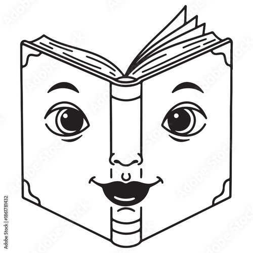 Black Outline Smiling Open Book Face Cartoon Graphic Icon