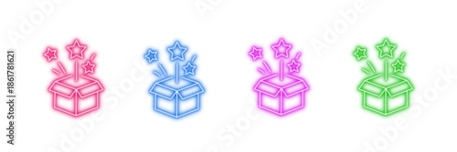 Neon glowing flower gift box vector icons set, gift, present, bloom, spring, plant, nature, celebration, love, vibrant colorful digital design illustration on transparent background.