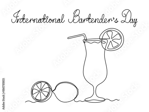 International Bartender's Day. Greeting card. Abstract tropic cocktail, drink, juice, lemonade with straw and lime. , continuous single one line art hand drawing sketch logo on white background