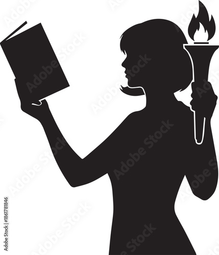 Silhouette of a woman holding a book and a lit torch