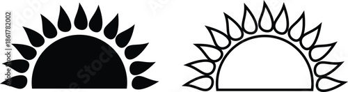 Sun icon set in flat and line style, solar symbol silhouette and outline collection featuring sunshine, sunrise and weather elements, bright minimal vector illustration group