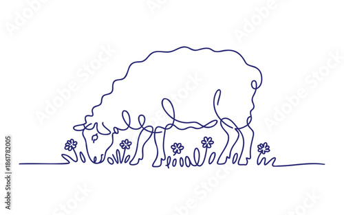 Continuous line drawing of sheep grazing in a field of flowers