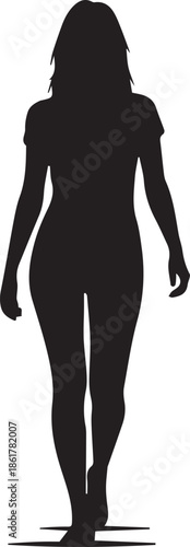 Silhouette of a woman walking forward against a white background