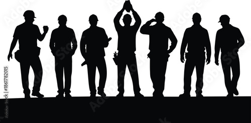 Construction worker silhouettes standing together, team of builders on job site, industrial labor workforce, teamwork concept, architecture and engineering illustration