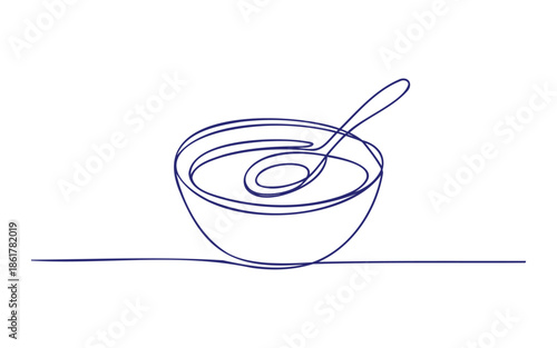 Simple blue line drawing of bowl with spoon