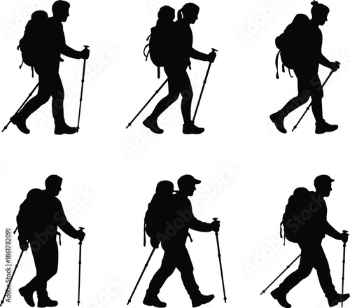 Hiking man silhouette, backpack traveler walking with trekking poles, outdoor adventure hiker, camping journey, mountain trekking, nature exploration, tourist travel illustration