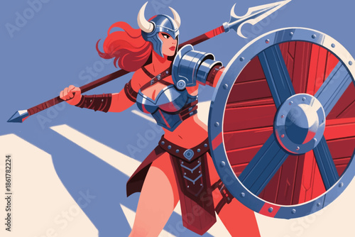 Female warrior in horned helmet and armor, holding shield and spear in a dynamic battle pose.
