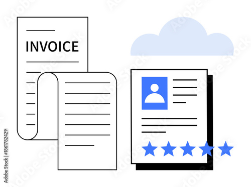 Invoice sheet with text, customer profile document with rating stars, and cloud symbol representing finance management, cloud storage, and digital business services. Ideal for finance, cloud