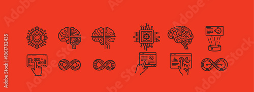 Quantum computing chip, futuristic AI brain, hologram interface, digital infinity symbol. 