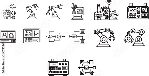 Smart factory, industrial robot, control panel, automation process flow.