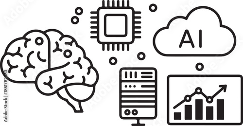 AI brain, microchip, cloud server, data analytics chart.